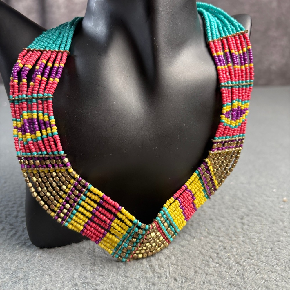 Boho Multi Strand Seed Bead Bib Necklace Colorful Geometric Statement Jewelry